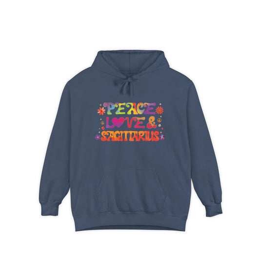 Peace Love & Sagittarius Unisex Hoodie – Groovy Retro Comfort Colors Midweight Hoodie
