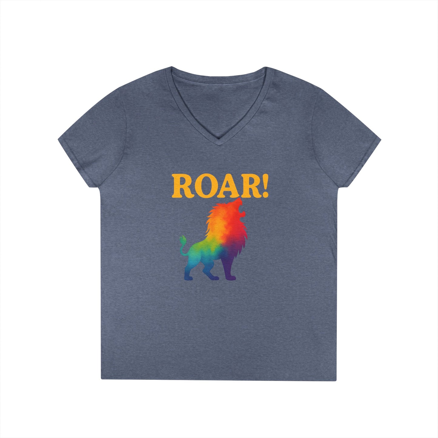 Roar Lion Women’s V-Neck Tee – Empowering Rainbow Zodiac Leo Shirt