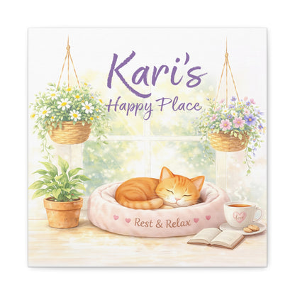 Personalized Cat Canvas Print - "Kari's Happy Place" Cozy Pet Wall Art