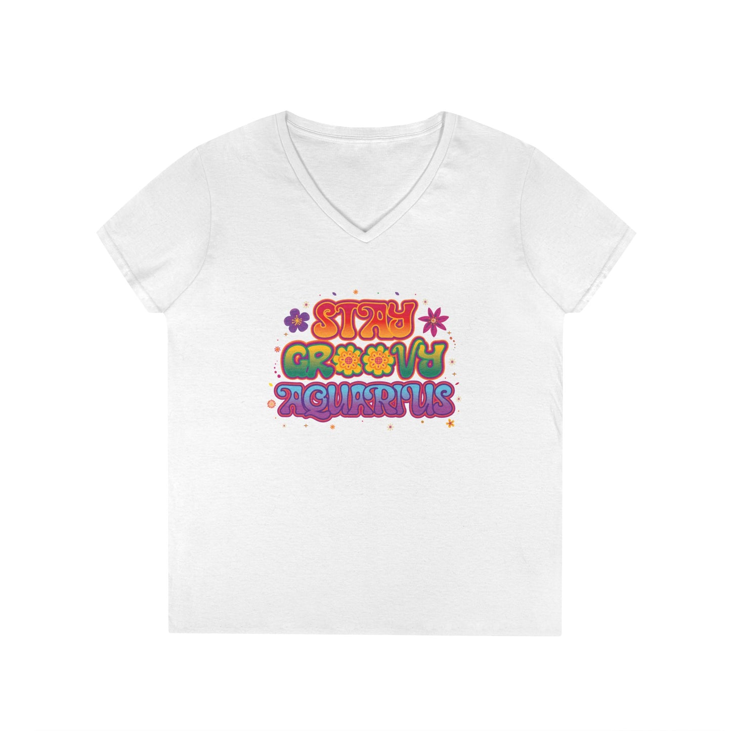 Stay Groovy Aquarius Women’s V-Neck Tee – Empowering Retro Zodiac Shirt