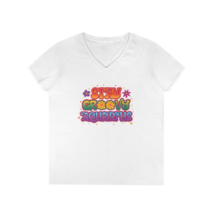 Stay Groovy Aquarius Women’s V-Neck Tee – Empowering Retro Zodiac Shirt