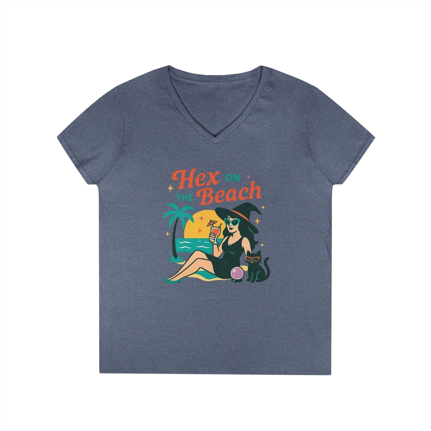 Hex on the Beach Women’s V-Neck Tee – Funny Magical Tropical Witch Shirt