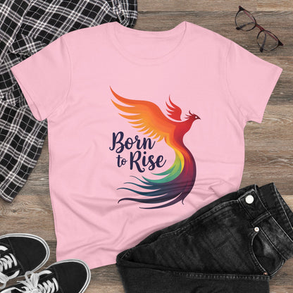 Born to Rise Women’s Crewneck Tee – Empowering Phoenix Colorful Shirt