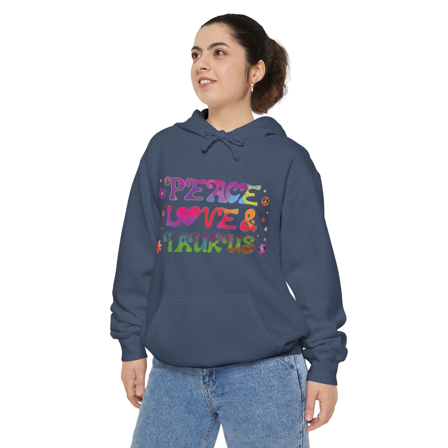 Peace Love & Taurus Unisex Hoodie – Groovy Retro Comfort Colors Midweight Hoodie