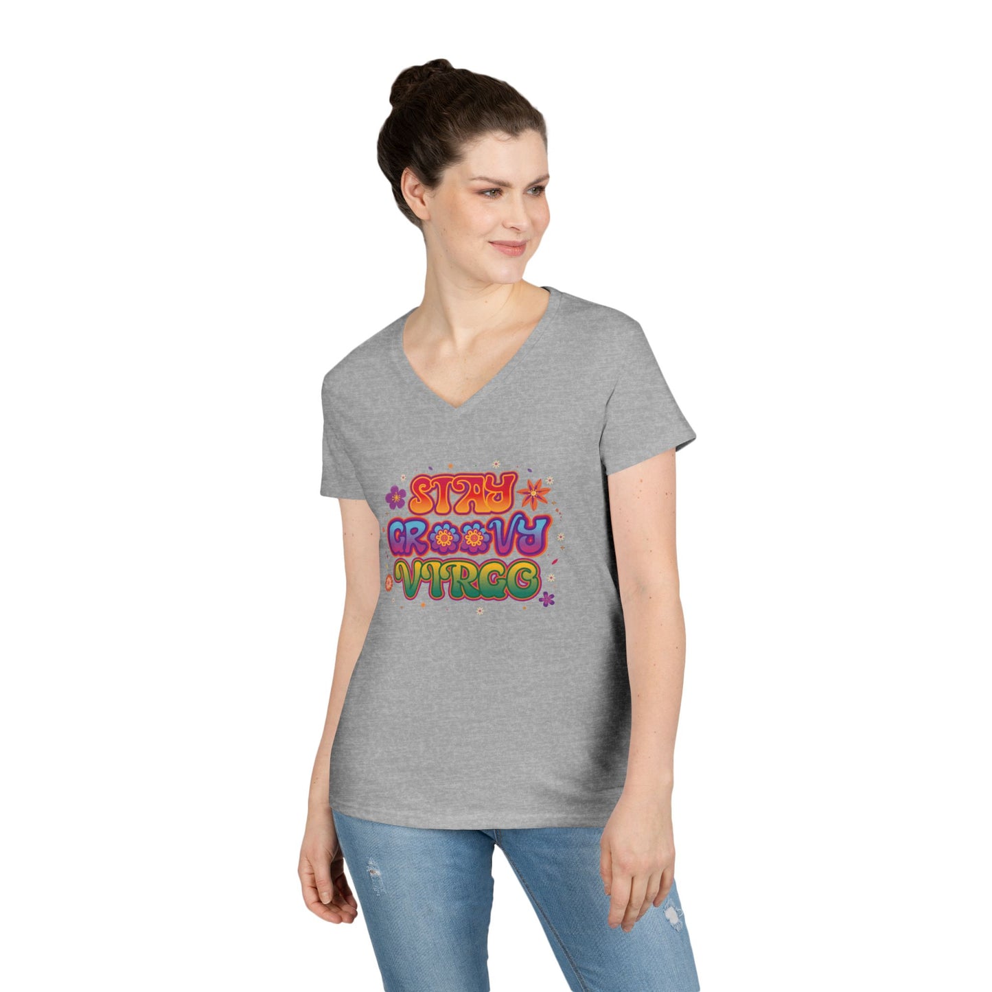 Stay Groovy Virgo Women’s V-Neck Tee – Empowering Retro Colorful Shirt