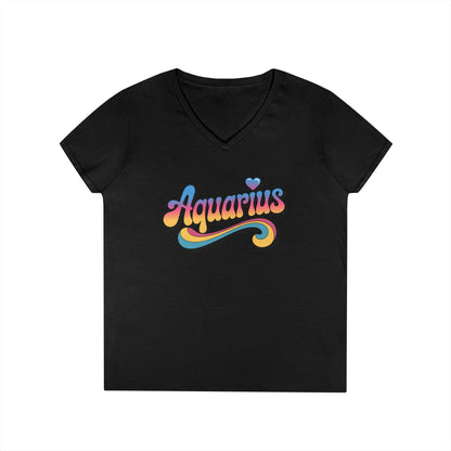 Retro Aquarius Women's V-Neck Tee – Empowering Colorful Zodiac Shirt