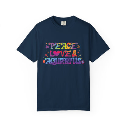 Peace Love & Aquarius Tee – Groovy Multicolor Zodiac Shirt