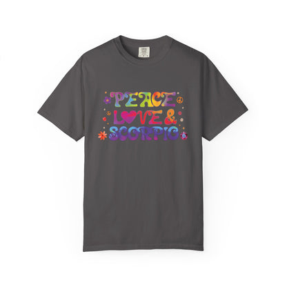 Peace Love & Scorpio Tee – Colorful Retro Zodiac Shirt