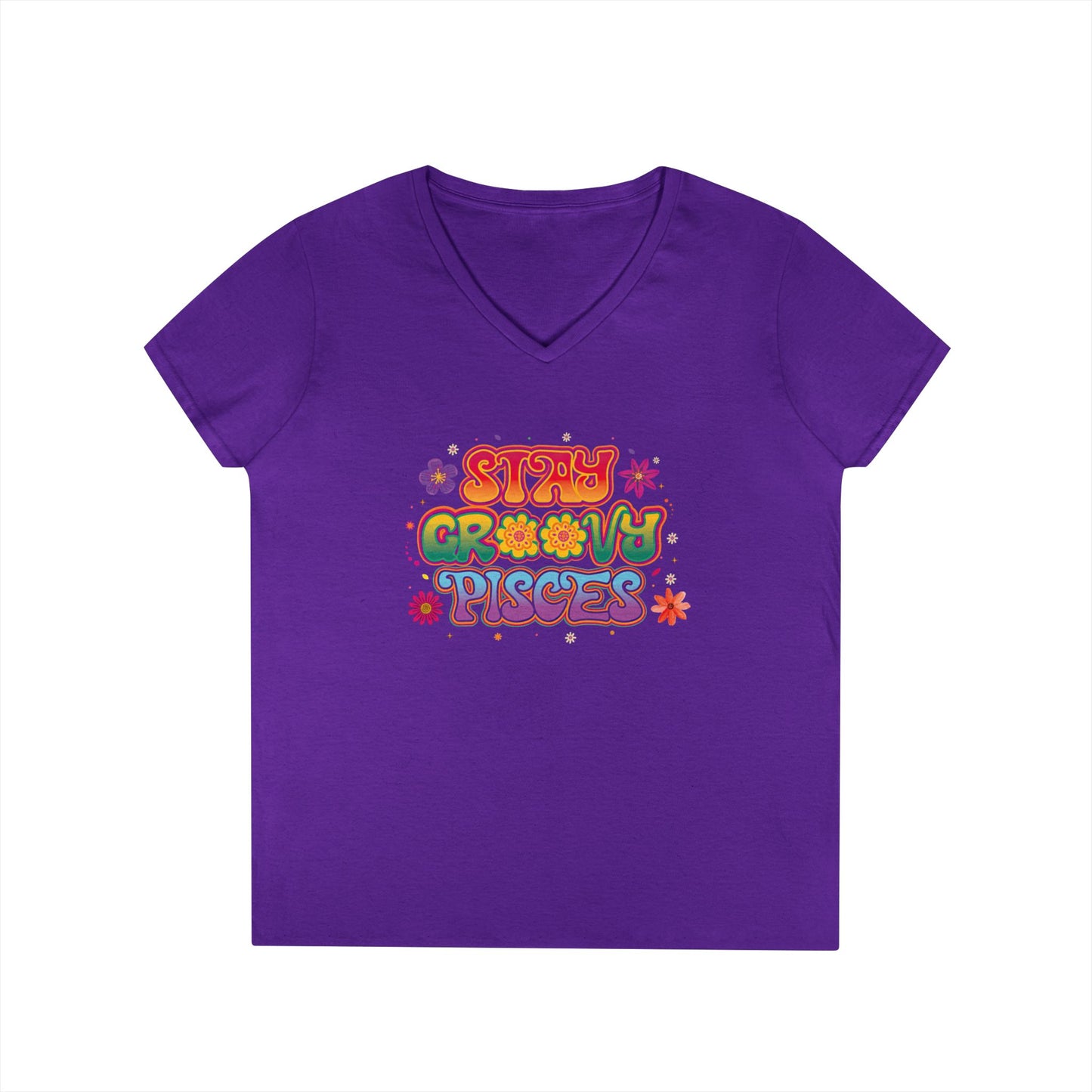 Stay Groovy Pisces Women’s V-Neck Tee – Empowering Retro Zodiac Shirt