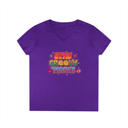 Stay Groovy Pisces Women’s V-Neck Tee – Empowering Retro Zodiac Shirt