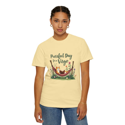 Purrfect Day for a Virgo – Cozy Cat & Hammock Zodiac Tee