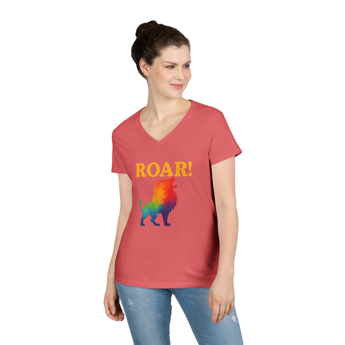 Roar Lion Women’s V-Neck Tee – Empowering Rainbow Zodiac Leo Shirt