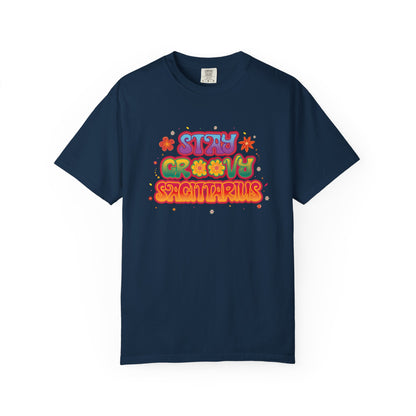 Stay Groovy Sagittarius – Retro Zodiac Flower Power Tee