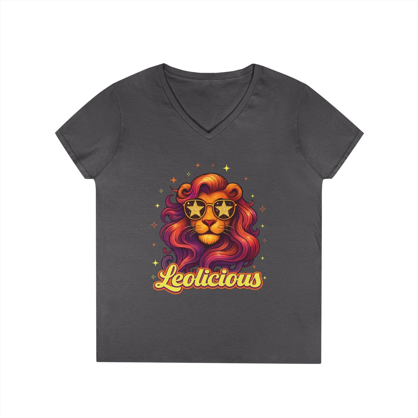 Leolicious Women’s V-Neck Tee – Empowering Retro Lion Zodiac Shirt