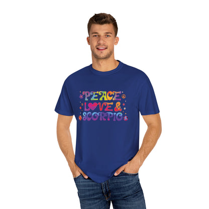 Peace Love & Scorpio Tee – Colorful Retro Zodiac Shirt