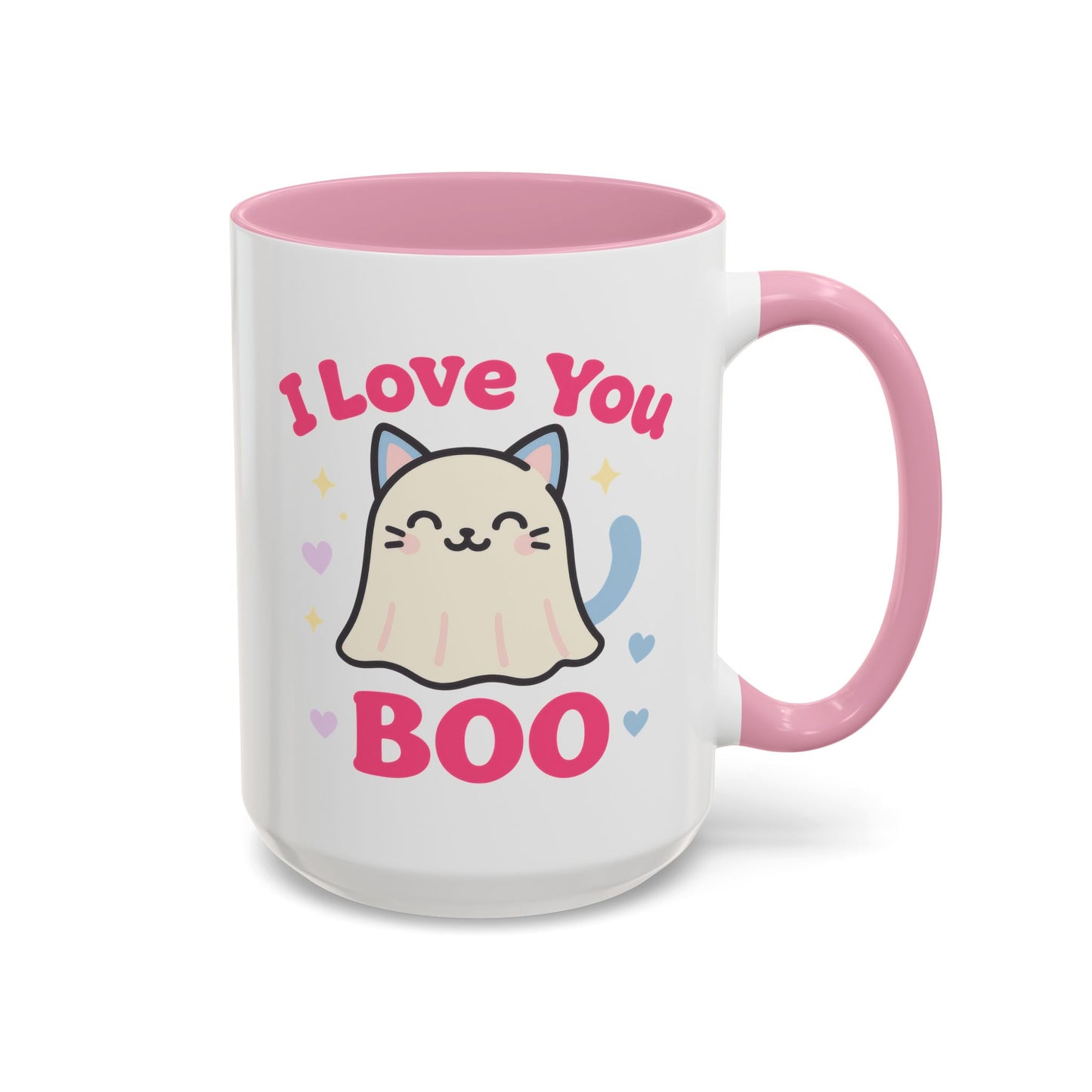 Cute Cat Ghost Mug – Adorable Kitty “I Love You Boo” Mug (Pink Accent (11oz & 15oz)