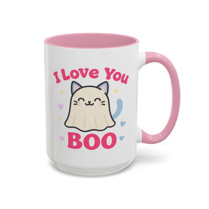Cute Cat Ghost Mug – Adorable Kitty “I Love You Boo” Mug (Pink Accent (11oz & 15oz)