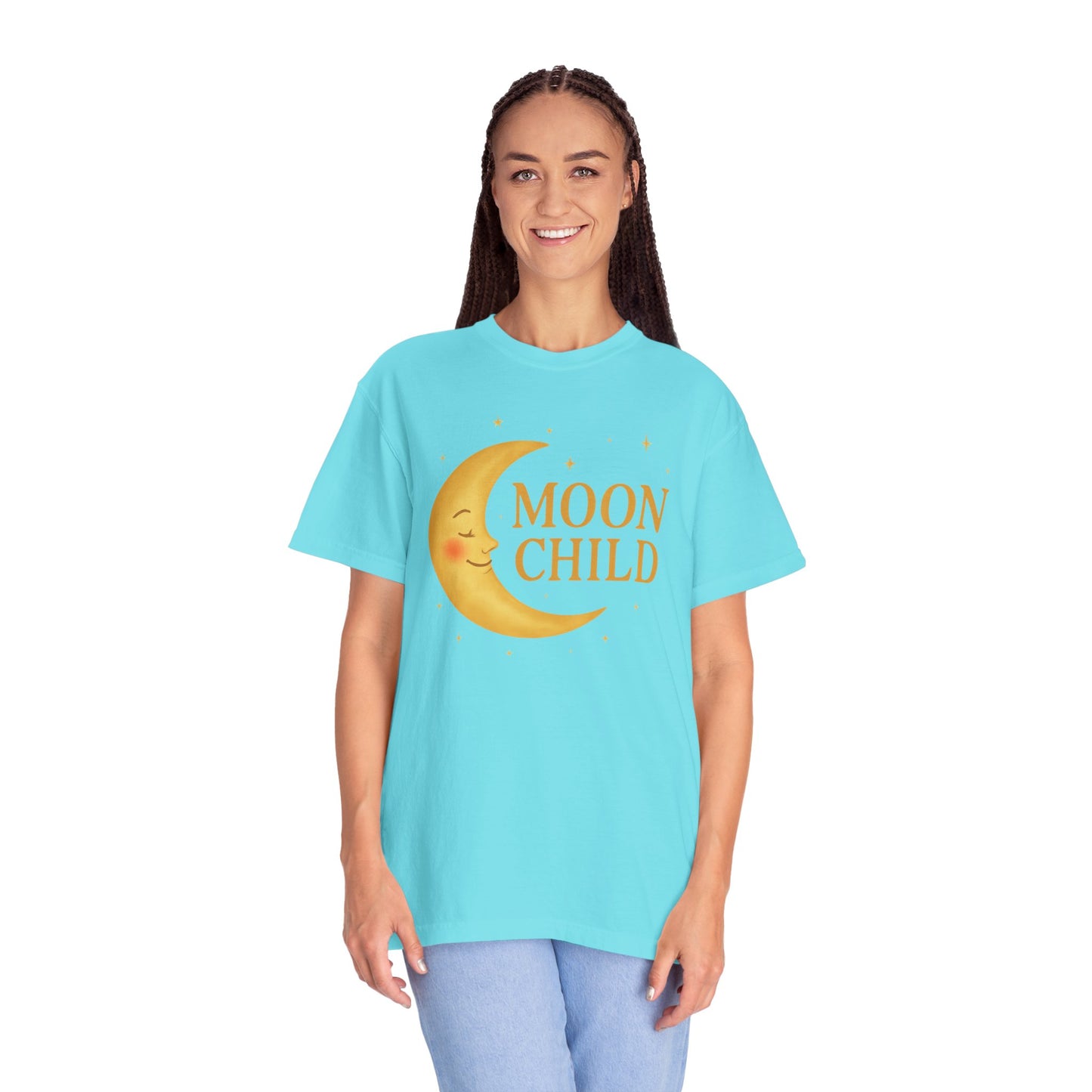 Moon Child Crescent Tee – Vibrant Golden Celestial Comfort Colors 1717 Shirt