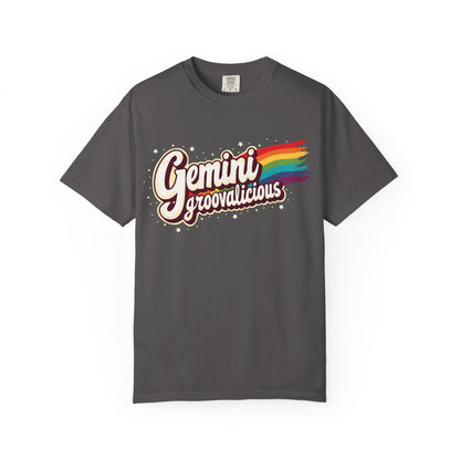Gemini Groovalicious - Retro Rainbow Script Zodiac Tee