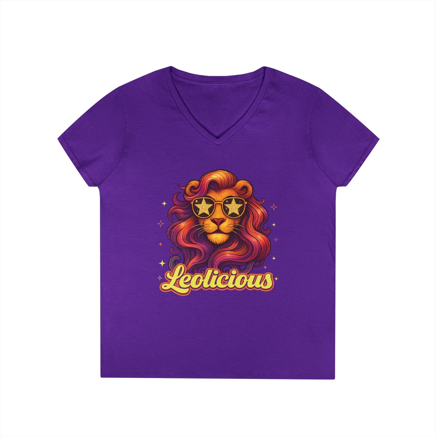 Leolicious Women’s V-Neck Tee – Empowering Retro Lion Zodiac Shirt