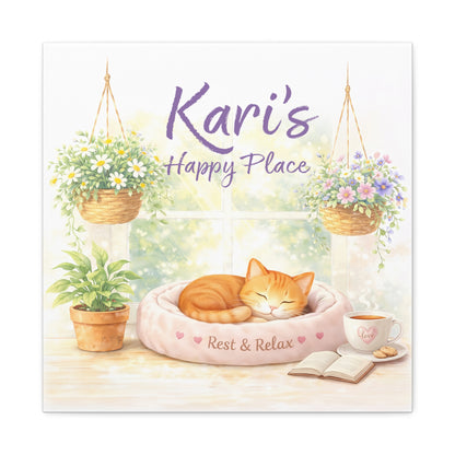 Personalized Cat Canvas Print - "Kari's Happy Place" Cozy Pet Wall Art