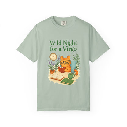 Wild Night for a Virgo – Cozy Cat Tee for Bookish Earth Signs