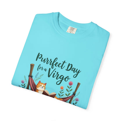 Purrfect Day for a Virgo – Cozy Cat & Hammock Zodiac Tee