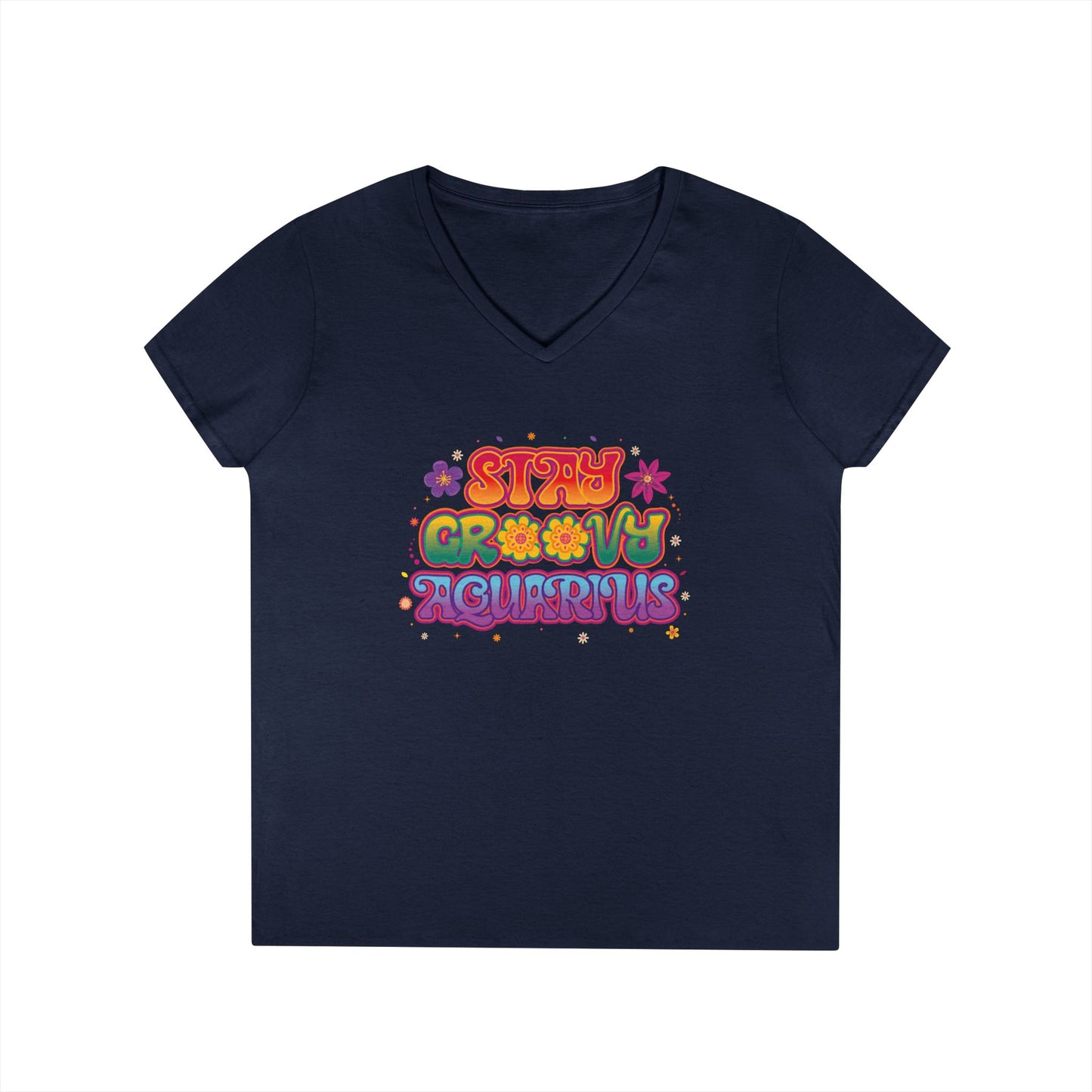 Stay Groovy Aquarius Women’s V-Neck Tee – Empowering Retro Zodiac Shirt