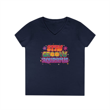 Stay Groovy Aquarius Women’s V-Neck Tee – Empowering Retro Zodiac Shirt
