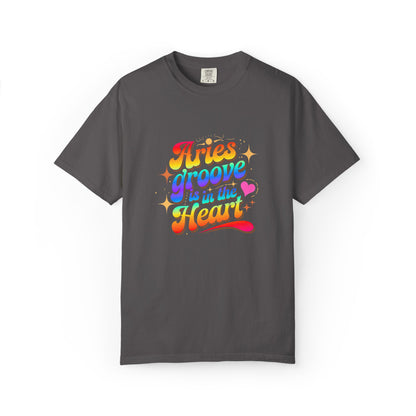 Aries Groove Is in the Heart – Rainbow Retro Zodiac Tee
