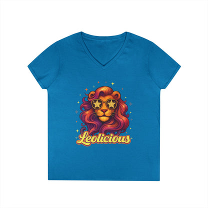 Leolicious Women’s V-Neck Tee – Empowering Retro Lion Zodiac Shirt