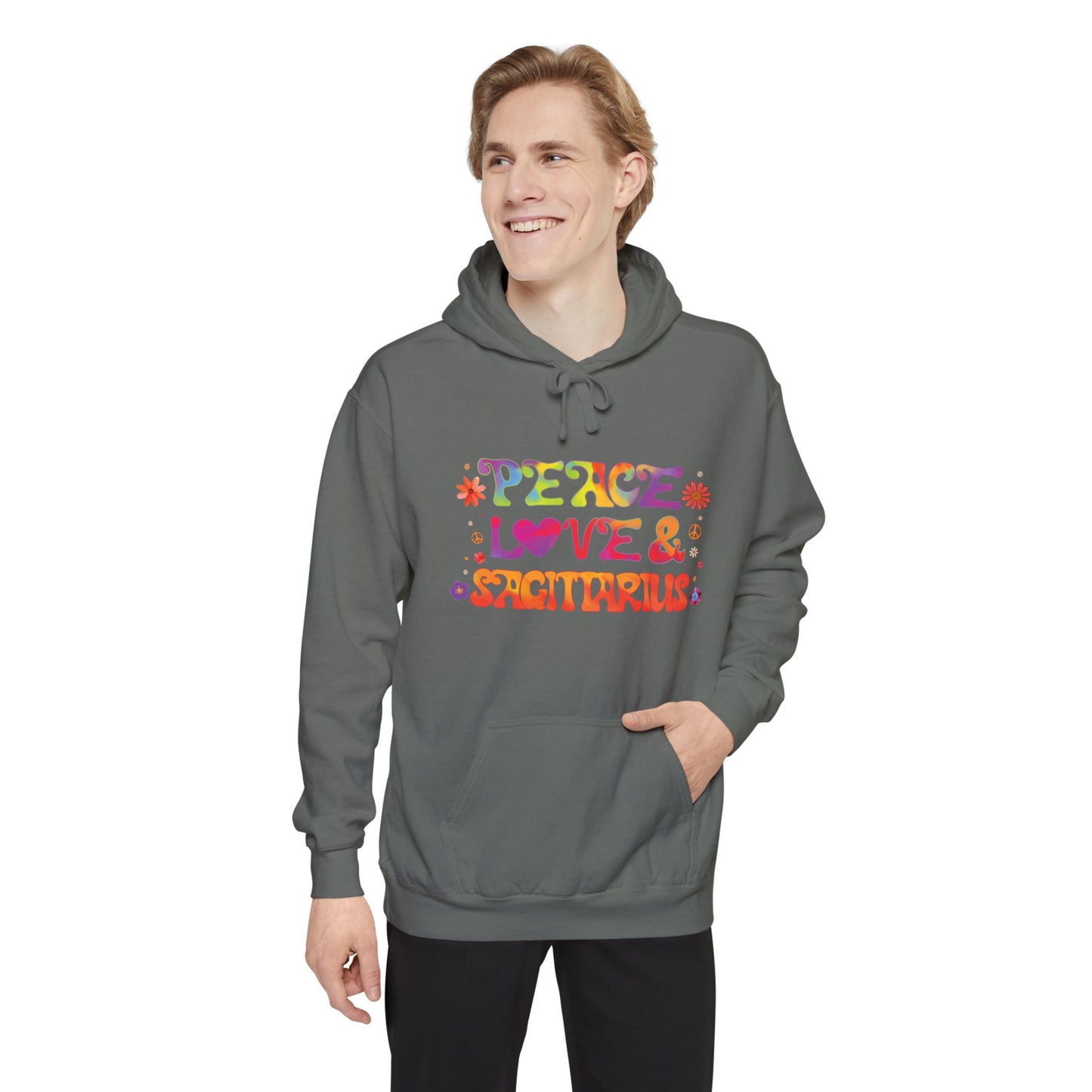Peace Love & Sagittarius Unisex Hoodie – Groovy Retro Comfort Colors Midweight Hoodie