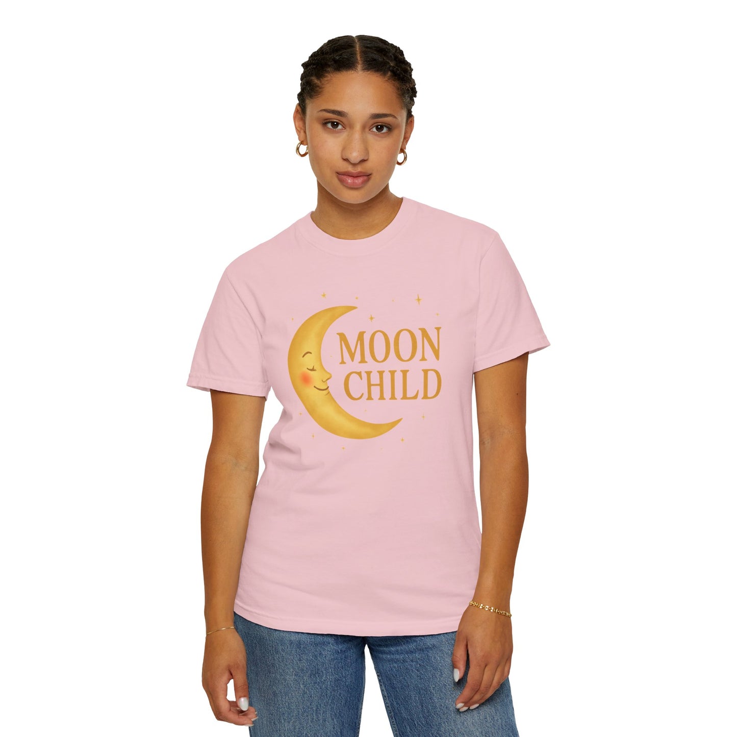 Moon Child Crescent Tee – Vibrant Golden Celestial Comfort Colors 1717 Shirt