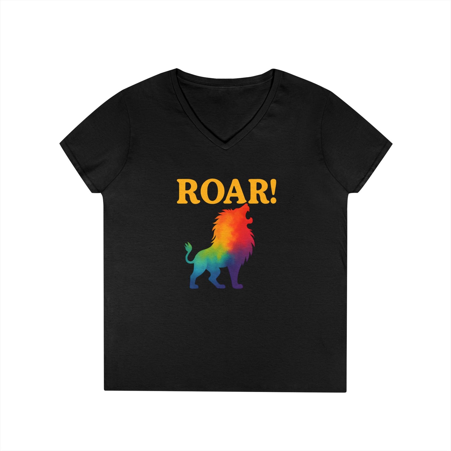 Roar Lion Women’s V-Neck Tee – Empowering Rainbow Zodiac Leo Shirt