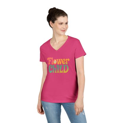 Flower Child Women’s V-Neck Tee – Empowering Retro Floral Colorful Shirt