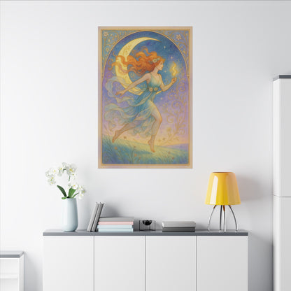 Flame Keeper Running Free – Moonlit Goddess Art Nouveau Canvas Wall Art