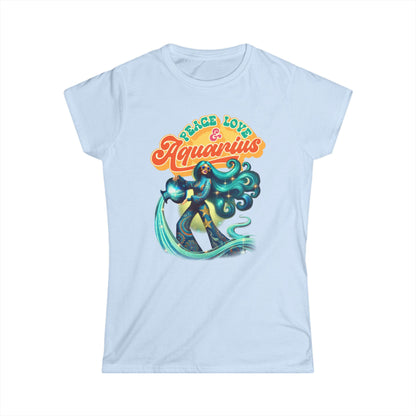 Peace Love Aquarius Women’s Softstyle Tee – Empowering Retro Zodiac Shirt