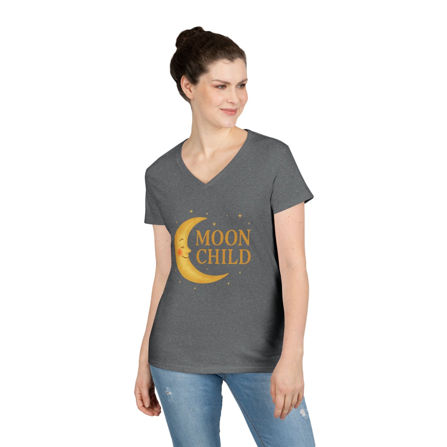 Moon Child Women’s V-Neck Tee – Empowering Celestial Lunar Zodiac Shirt