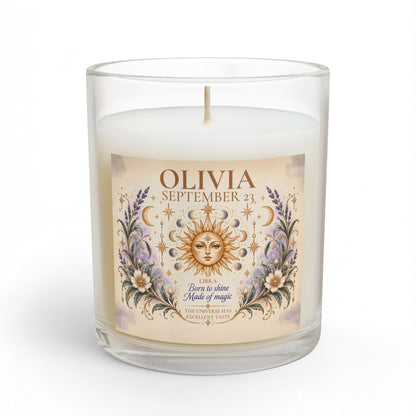 Personalized Whimsical Astrology Candle with Name, Zodiac Sign, and Birthdate