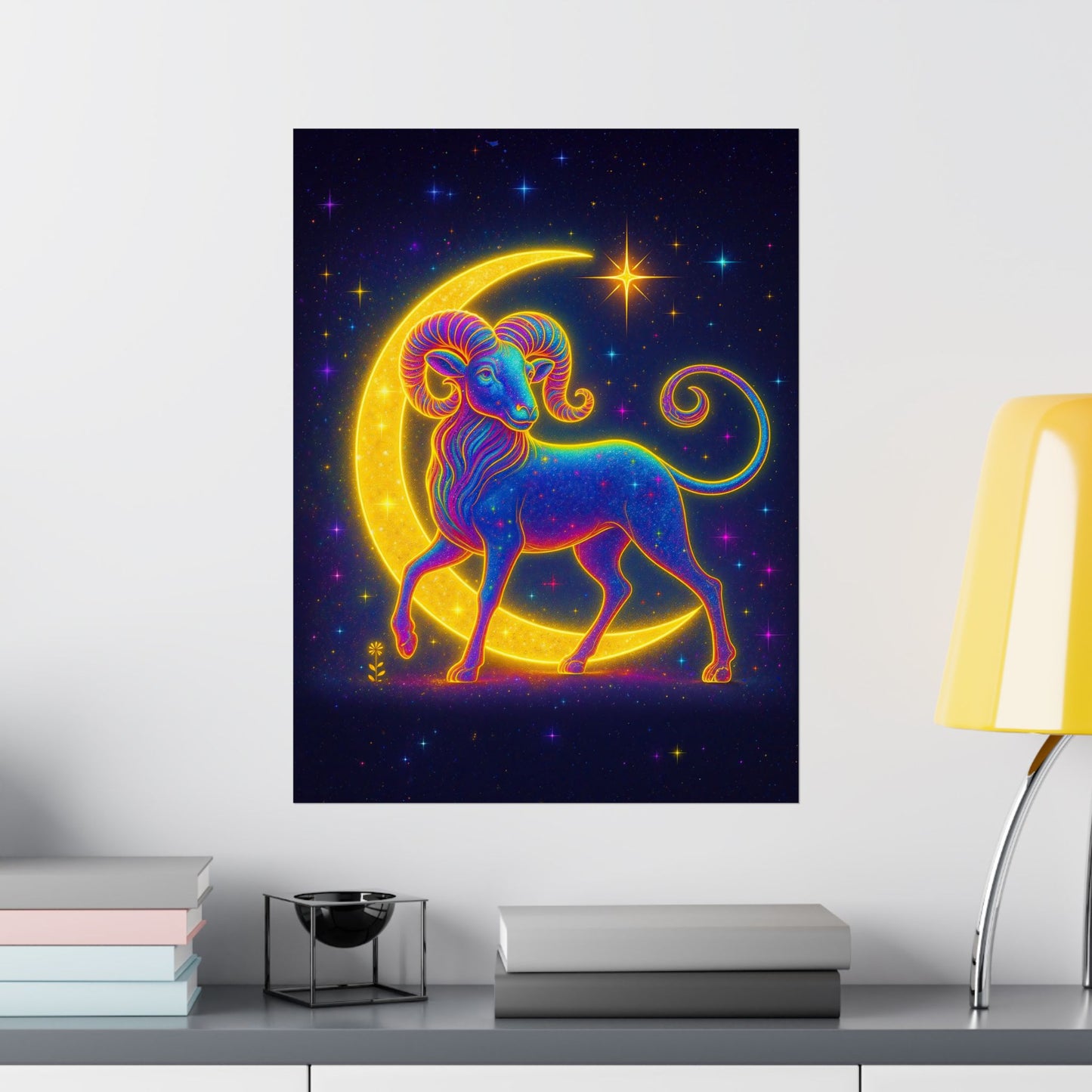 Electric Aries – Radiant Ram of the Crescent Moon (Wall Art)