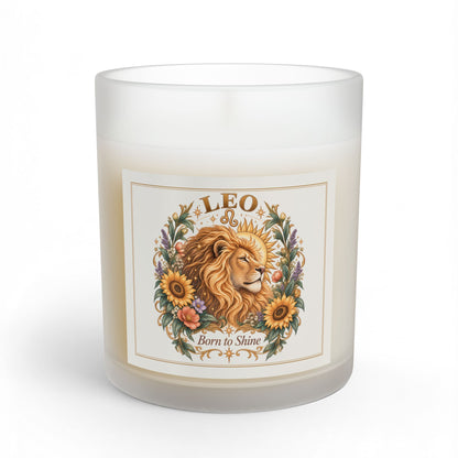 Majestic Lion Leo Zodiac Glass and Frosted Candle 11oz with Sunflowers & Celestial Florals