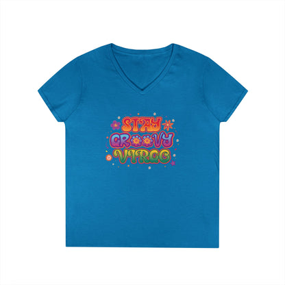 Stay Groovy Virgo Women’s V-Neck Tee – Empowering Retro Zodiac Shirt