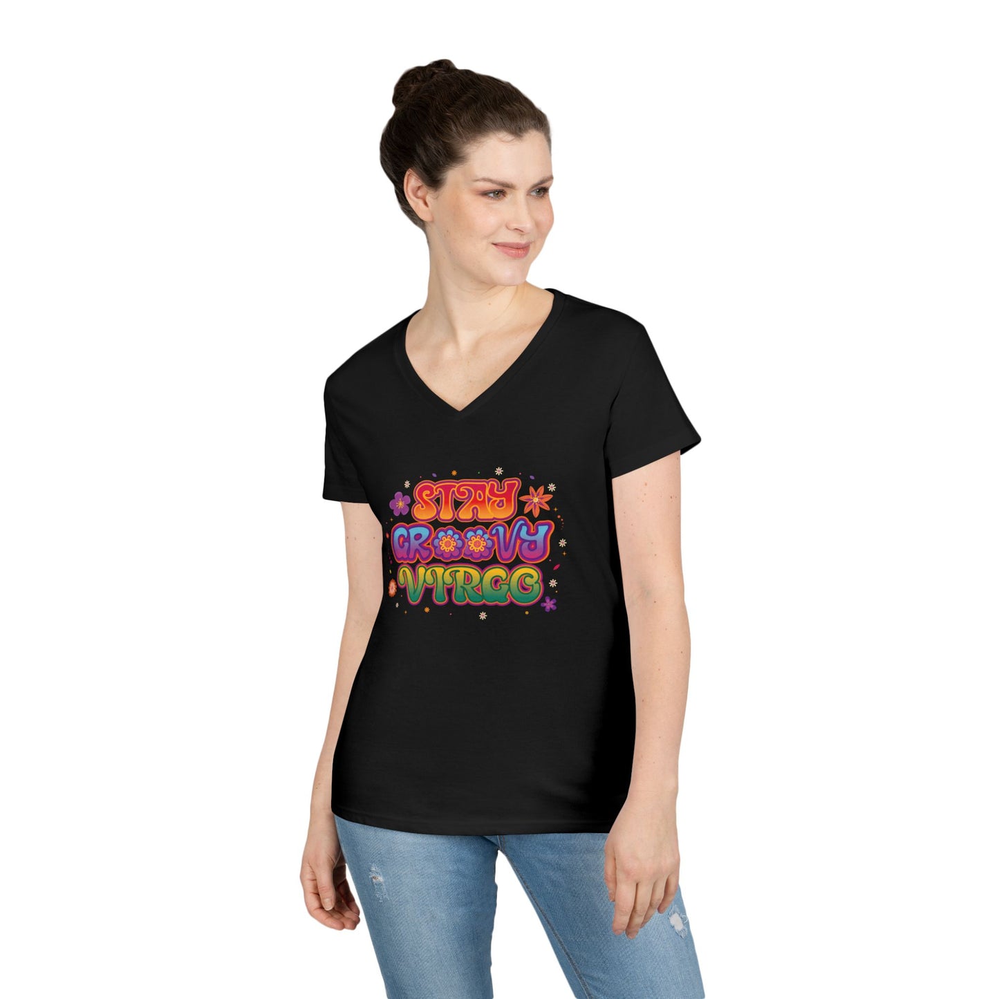 Stay Groovy Virgo Women’s V-Neck Tee – Empowering Retro Zodiac Shirt
