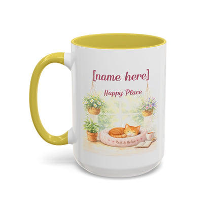 Personalized Name Cat Mug - Custom "Happy Place" Ceramic Mug for Cat Lovers