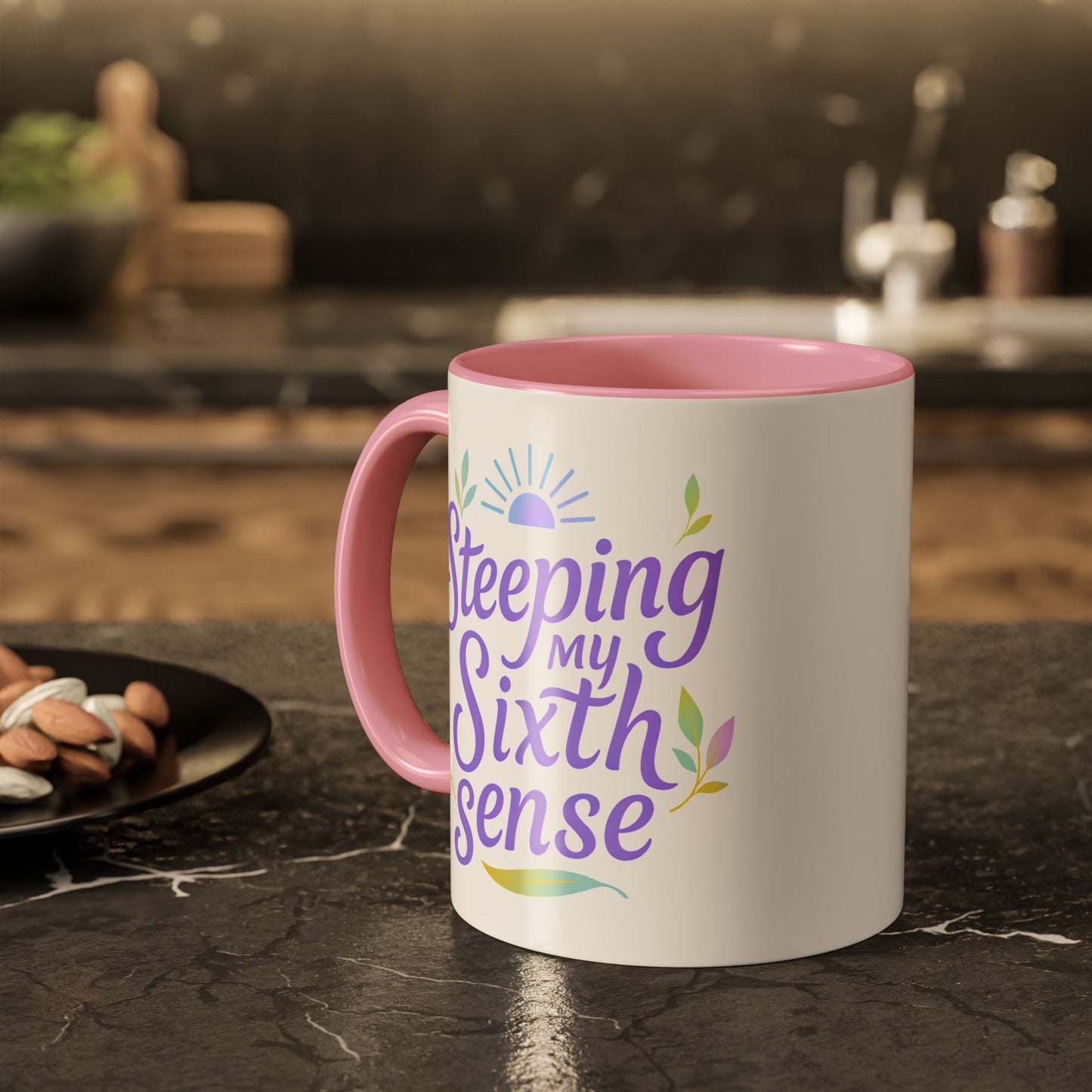 Steeping My Sixth Sense – Fun and Herby Tea Lover Mug (Pink Accent, 11oz & 15oz)