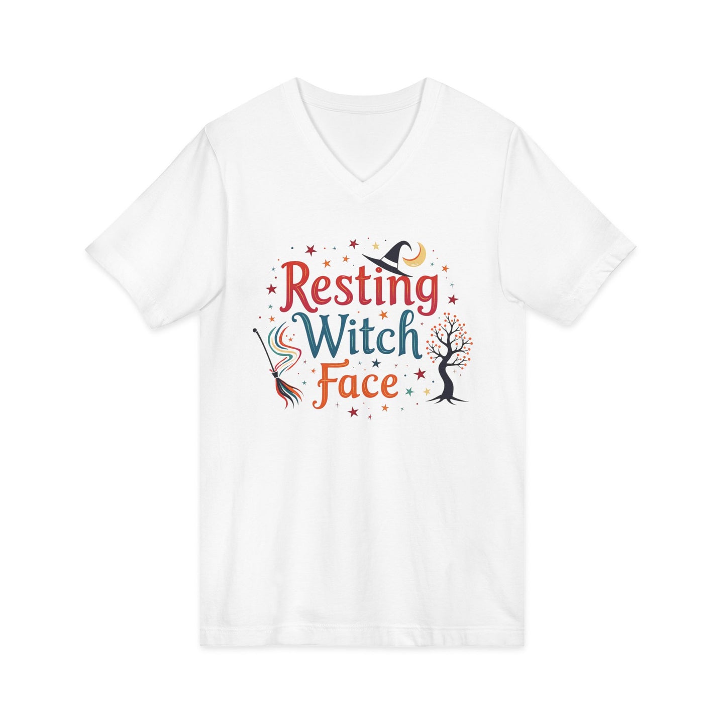 Resting Witch Face V-Neck Tee – Funny Magical Colorful Shirt