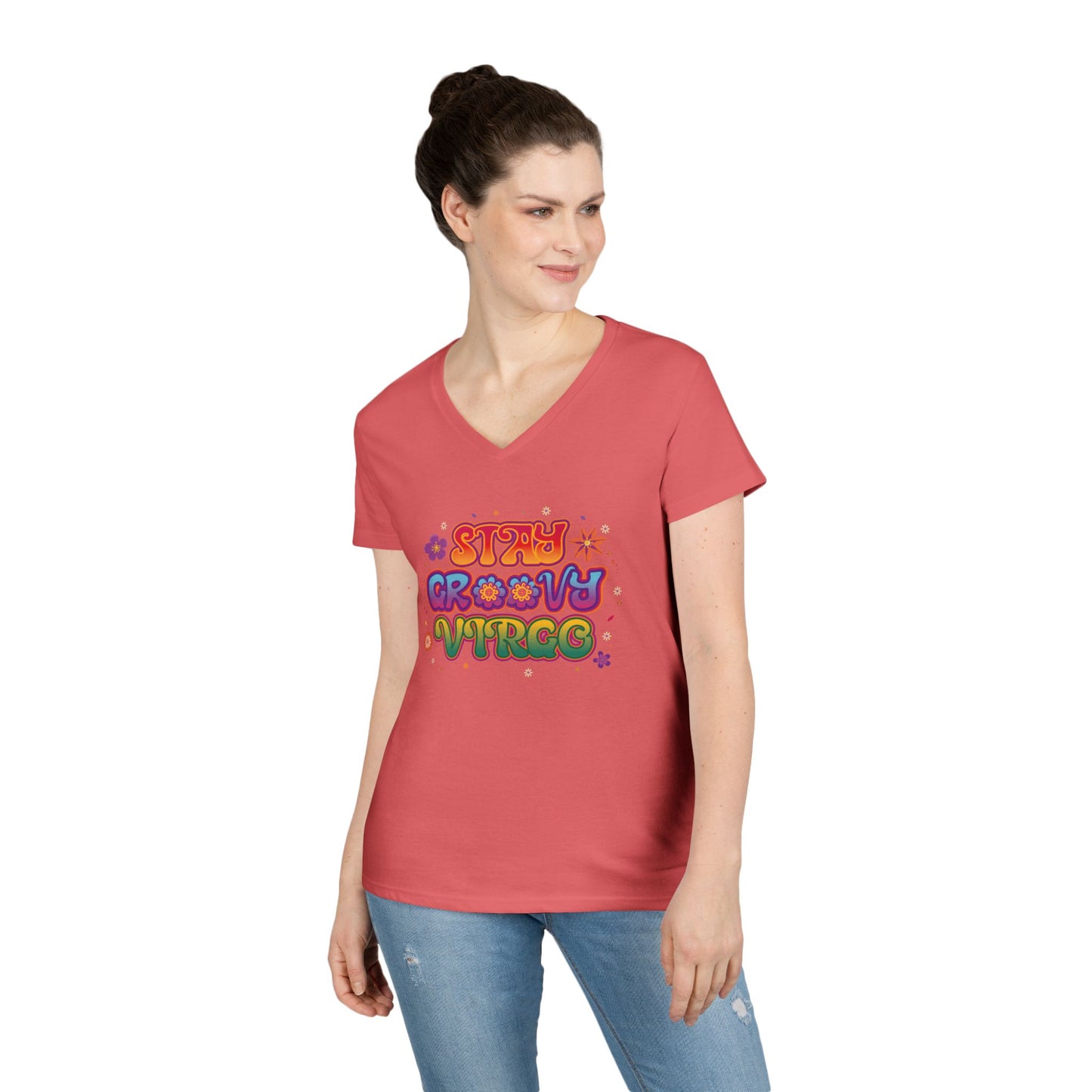 Stay Groovy Virgo Women’s V-Neck Tee – Empowering Retro Colorful Shirt