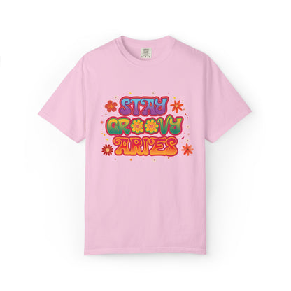 Stay Groovy Aries Tee – Colorful Retro Zodiac Shirt, 70s Flower Power Style