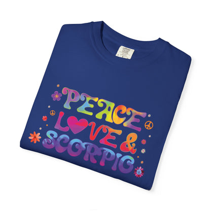 Peace Love & Scorpio Tee – Colorful Retro Zodiac Shirt
