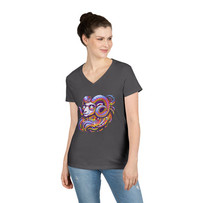 Psychedelic Ram Women’s V-Neck Tee – Empowering Aries Zodiac Shirt